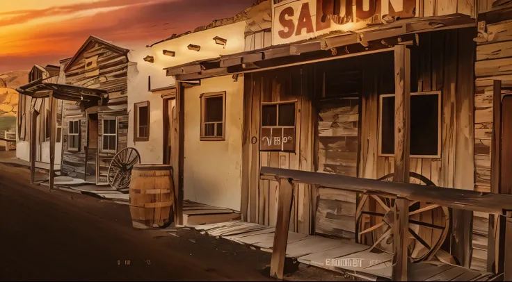 there are several Old Western buildings with a saloon sign on the front, outside a saloon, western saloon theme, Old West town, Wild West setting, saloon, ancient west, Western Towns, In the town of the Wild West, Old West, saloon exterior, in the Old West...