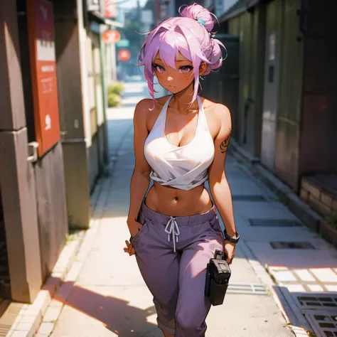 1female, adult, dark skin, big breast, sexy, tan skin, finely detailed lavender eyes, medium messy braided bun, two tone hair, seashell white and lavender ombré hair color, loose open sleeveless yukata, bikini top, loose baggy pants, bionic arm, hands in p...