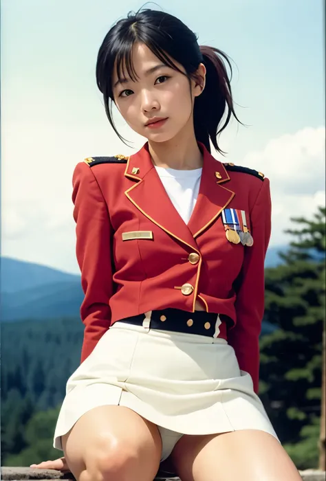 real photos、landscape in canvas、sunny、squatting down、Highest imYear quality、Beautiful woman、beautiful thighs、beautiful face、real imYear、federal army uniform miniskirt、ponytail、lift the skirt。、showing white panties、Yuriko Yoshitaka、16Year日本人女性、Mrs. Bowe、pre...