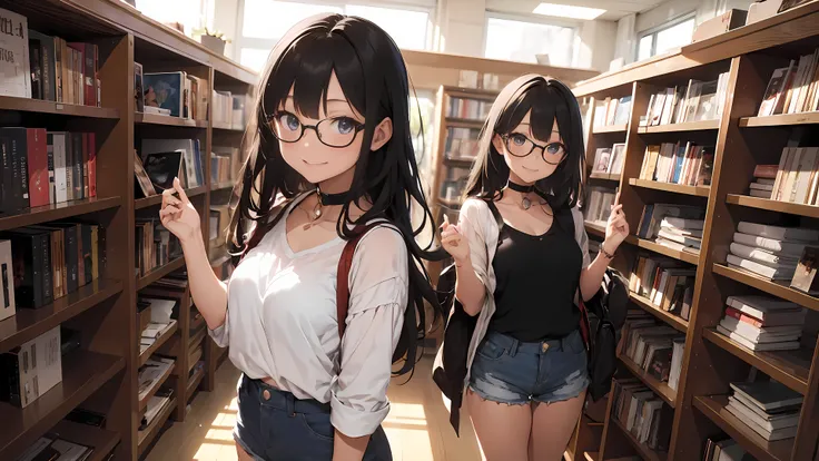 ((1girl)), one 21 year old girl, long black hair, sweet smile, glasses, choker collar, white bra, jean shorts, standing, library, bookcases, books, dramatic lighting, cinematic lighting,