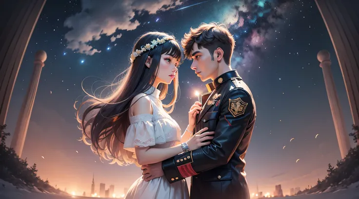 (couple, gaze at the stars, dreamy atmosphere, celestial beauty, sparkling night sky)