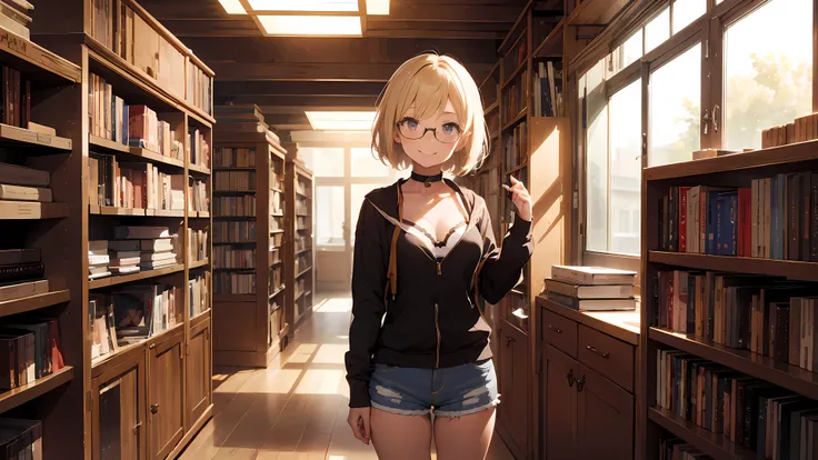 ((1girl)), one 21 year old girl, short blonde hair, sweet smile, glasses, choker collar, white bra, jean shorts, standing, library, bookcases, books, dramatic lighting, cinematic lighting,