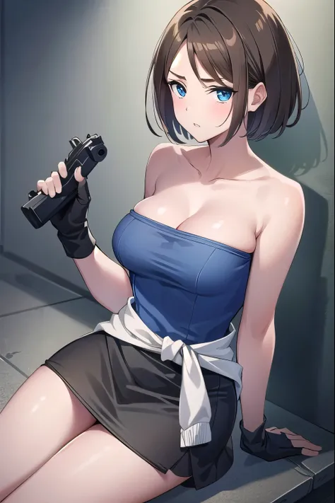 周りに大勢のzombie,Jill, Jill・バレンタイン, 1 girl, chest, arms, gun, skirt, cleavage, Clothing around the waist, blue eyes, fingerless gloves, gloves, short hair, zombie, blonde hair, clock, pencil skirt, sweater around waist, large chest, holding, wristclock, strapl...