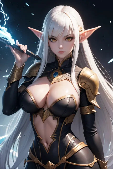 Female dark elf, 1girl, mature woman, masterpiece, elf queen, lover, goddess, realistic, long white hair, white eyebrow, yellow eyes, thin lips, round face, huge breasts, realistic shading, soft lightning, hdr, 8k, absurd, high quality, insane detail, body...