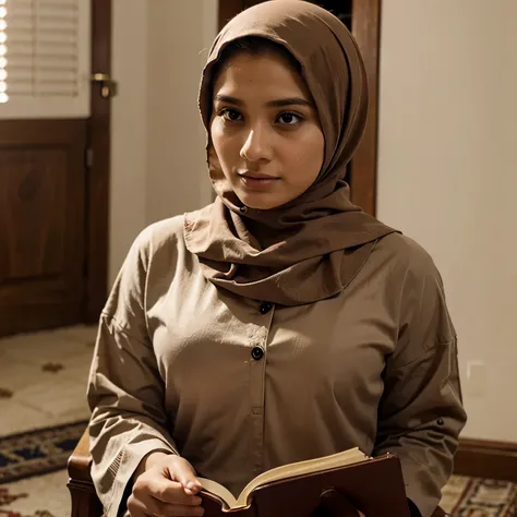 A modest and beautiful muslim lady in a room reading a boom