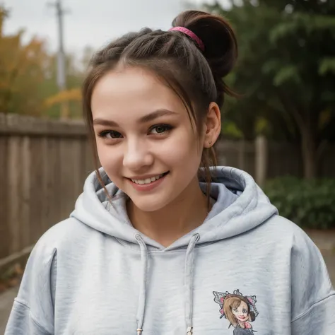 Miss,Age 20 years,ponytail,Smile,hoodie,portrait,(masterpiece, best quality, high resolution),