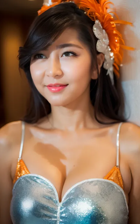 Highly detailed CG Unity 8k wallpaper, of the highest quality, super detailed, masutepiece, Realistic, photos realistic, extremely detailed cute girl, 25 years old, (huge breasts:1.4) , cleavage , (Samba Carnival Dancer, orange Samba Carnival Wear:1.2) , ,...