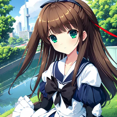 (best quality,4k,highres),ultra-detailed,realistic,portraits, Japaneese school girl, green eyes, long brown hair,anime style,futuristic, Frutiger Aero aesthetic, eco-modernist world, bokeh, ribbon headband,small breast,futuristic sailor lolita dress,puffy ...