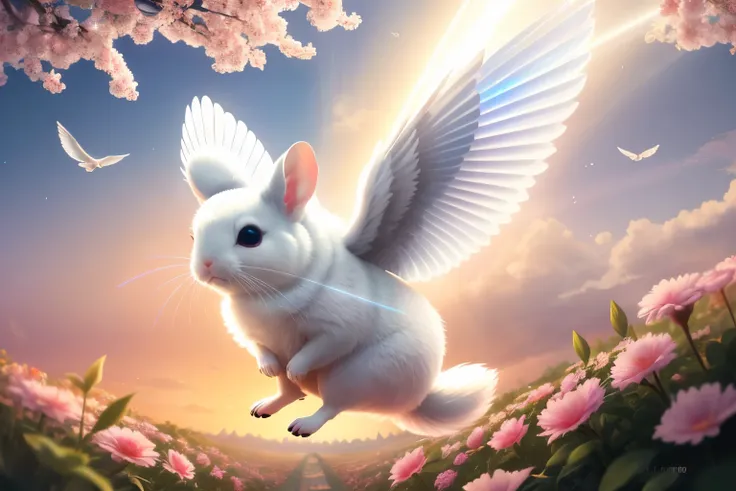 (in 8K, best quality, master piece: 1.2), ultra-high resolution, Cute white stuffed chinchilla,((flying)),((halo)),angel wings, (red eyes)、Garden of Eden, (iridescent light:1.4) ,Tree of Wisdom