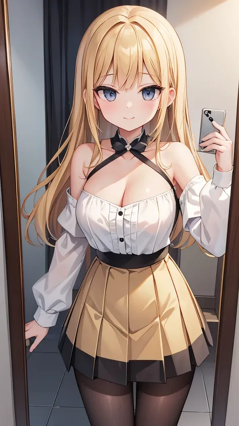 masterpiece, {{{{Highest quality}}}}, 16K, beautiful,1 girl, blonde_hair, pleated_skirt, bare_shoulders, sleevesless, cleavage, black_pantyhose, {{{seductive smile}}}, self-taken picture、taking a picture of oneself, self_shot,In front of the mirror, Reflec...