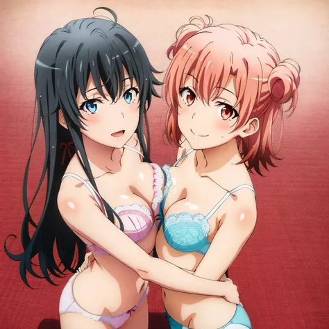 2 girls , Yukinoshita Yukino , Yuigahama Yui has a good chest shape, waltz dance , In underwear,face forward,whole body,pink silk panties,white silk panties,high angle,smile,looking at the camera,