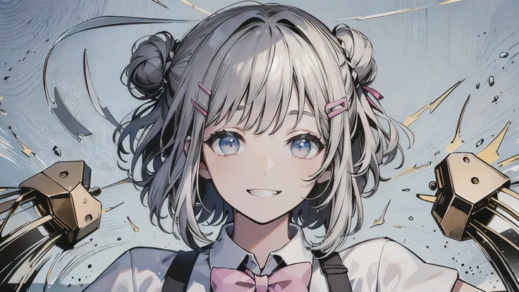 (((white background))),(((one girl))),(((brown eyasterpiece, high quality, High resolution,Super detailed, 8k, grin eyes,body whole,dynamic pose,gray hair,,shaggy hair,{{small 2 bun head}},{{messy hair}},short hair,a hair clip on bangs,bounced outward hair...