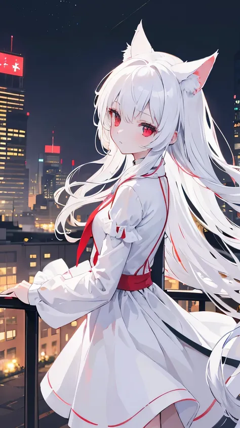 Top quality, super high resolution, very delicate, beautiful girl, 8K wallpaper, from side, facing at viewer, red eyes,white hair,long hair,White cat ears,White cat tail, outdoors, Somewhere in the city, dress, City at night, A city of ruins, The end