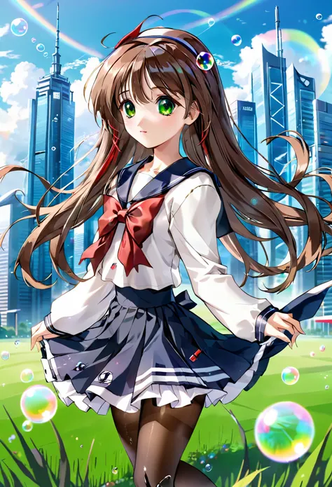 (best quality,4k,highres),ultra-detailed,realistic,portraits, Japaneese school girl, green eyes, long brown hair,anime style,futuristic, Frutiger Aero aesthetic, eco-modernist world, bokeh, ribbon headband,small breast,futuristic sailor lolita dress,puffy ...