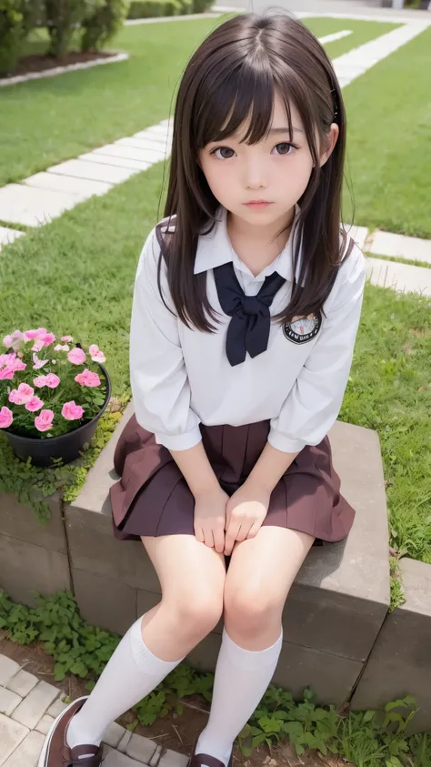 11 years old、dark brown hair、brown eye、one cute girl、solo、beautiful body、and soul、school uniform、mini skirt、garden、sit on top、