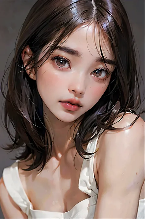 PM, (Purple Latex Suit:1), Golden Fringe Shorthair, Light brown eyes, (Japanese girl),1girl in, 27yr old, Innocence, (Photorealsitic),(top-quality:1.4), (超A high resolution:1.2), 超A high resolution, (A detailed eye), (detailed facial features), (brown eyes...