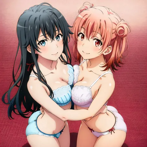 2 girls , Yukinoshita Yukino , Yuigahama Yui&#39;s breasts and buttocks are in good shape., waltz dance , In underwear,face forward,whole body,pink silk panties,white silk panties,thighs,high angle,smile,beautiful eyes,