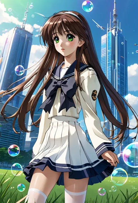 (best quality,4k,highres),ultra-detailed,realistic,portraits, Japaneese school girl, green eyes, long brown hair,anime style,futuristic, Frutiger Aero aesthetic, eco-modernist world, bokeh, ribbon headband,small breast,futuristic sailor lolita dress,puffy ...