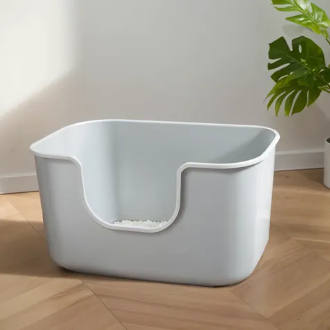 木地板上有一个灰色的cat litter box, full length view. gray plastic, Detailed zoom photos, sink, you used to be, A big one, Bright gray, Clear and smooth lines, Gray finish, flat,cat litter box, 半真实rendering, rendering, detailed rendering, clean design, product photo...