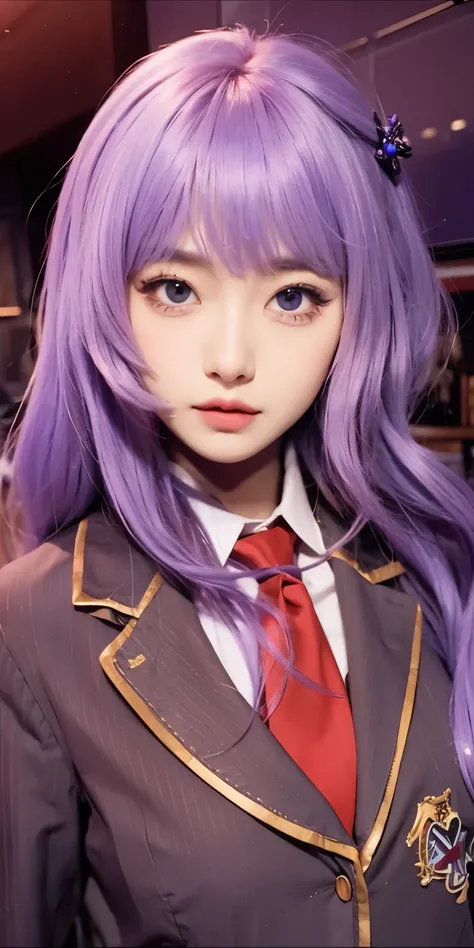 1gitl,huge breast, purple hair, purple eyes, clothes