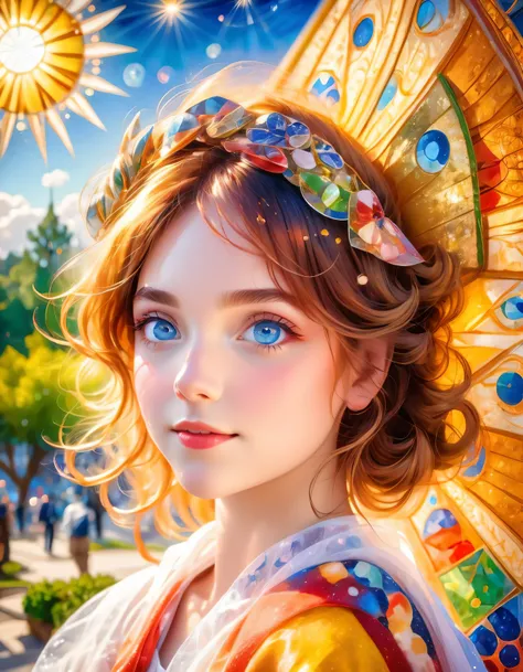 beautiful eyes, kaleidoscope eyes, 1girl, Sydney Sweeney, solo, outdoors, blue sky, cloudy, bokeh, lens flare, anamorphic lens flare, depth of field, seductive face, seductive smile ((Marc Chagall style)), magical naive art, primitivism, protogenes,((Best ...