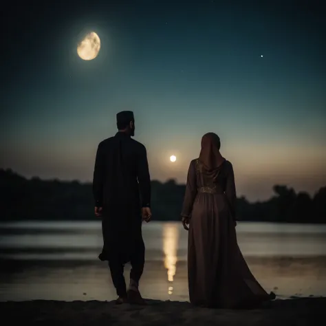 Islamia style for very beautiful lady wearing islamic uniform with hijab with handsome man together in the beautiful moon night, they looking happy and blessed 