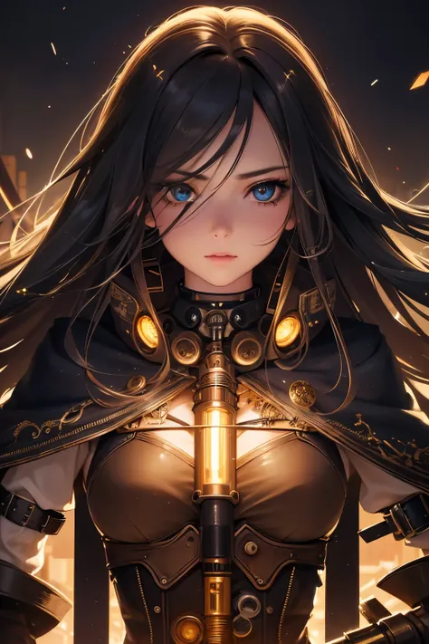 8K quality:1.2,1girl,sense of deps,disorganized,catch light,Super beautiful illustration,long straight hair,beautiful face,detailed face,Super beautiful woman,steampunk,adventurer.covered in endless gears,vapor,near future,SF,pipe,vapor町,Rebar