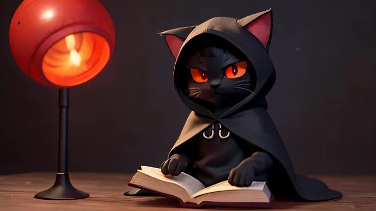 cat wearing a cloak　black hood　red eyes　dark background　figure holding a book　whole body