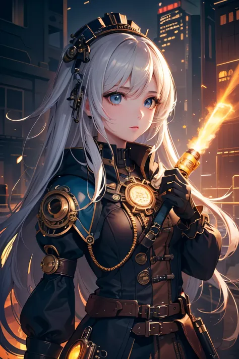 8K quality:1.2,1girl,sense of deps,disorganized,catch light,Super beautiful illustration,long straight hair,beautiful face,detailed face,Super beautiful woman,steampunk,adventurer.covered in endless gears,vapor,near future,SF,pipe,vapor町,Rebar