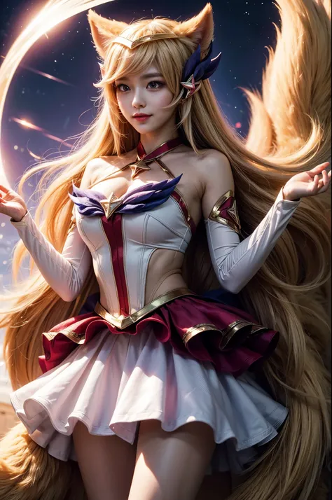 (masterpiece, best quality:1.2), intricate details,  star guardian ahri, 1girl, animal ears, hair ornament, detached sleeves, bare shoulders, skirt, magical girl, multiple tails, blonde hair, light smile