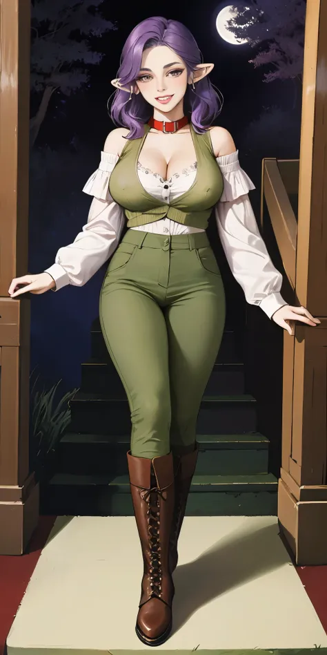 masterpiece, best quality, purple hair, pointy ears, female dwarf, collar, off-shoulder shirt, cleavage, brown leather vest, green pants, large breasts, walking, stairs, forest, night sky, boots, erected nipples, lustful smirking smile face red blushed red...