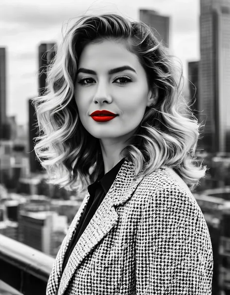 A confident woman with tousled waves and bold red lipstick, standing before a monochrome cityscape backdrop.