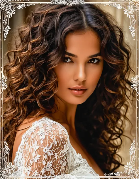 A mysterious beauty with dark, wavy locks and a smoldering stare, framed by delicate lace patterns.