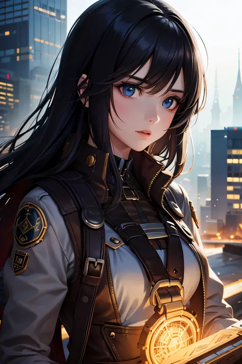 8K quality:1.2,1girl,sense of deps,disorganized,catch light,Super beautiful illustration,long straight hair,beautiful face,detailed face,Super beautiful woman,steampunk,adventurer.covered in endless gears,vapor,near future,SF,pipe,vapor町,Rebar