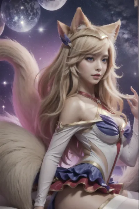 (masterpiece, best quality:1.2), intricate details,  star guardian ahri, 1girl, animal ears, hair ornament, detached sleeves, bare shoulders, skirt, magical girl, multiple tails, blonde hair, light smile