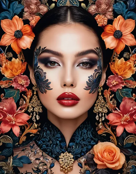 A captivating portrait of a woman with smoky eyes and glossy lips, surrounded by intricate floral designs.