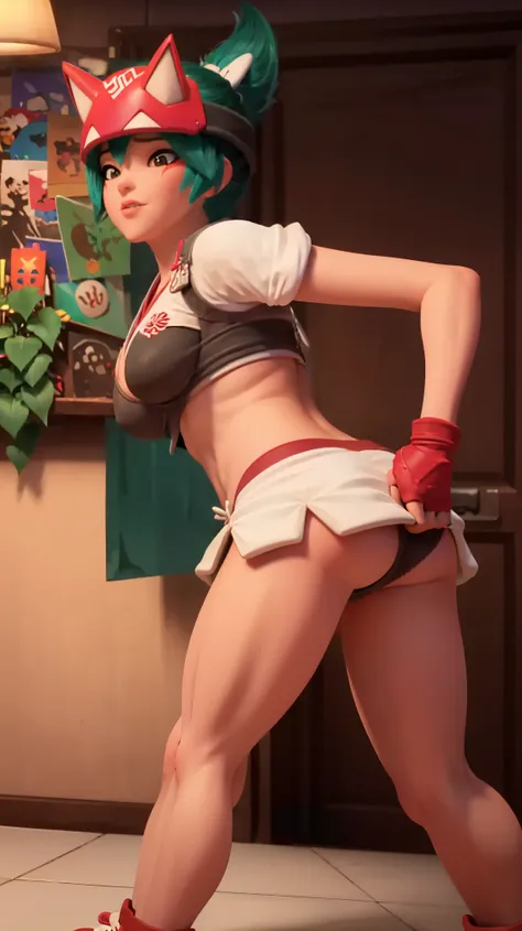  (owkiriko), kiriko (overwatch), green hair:0.7, red fox helmet, red sneakers, outside, blushing, underwear, lingerie, ass, tits, nsfw, bending over, sexy, bra