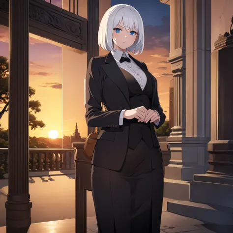 (masterpiece, best quality, high detailed illustration, 8k uhd) A woman wearing a black suit, short white hair, blue eyes, outside a large mansion at sunset
