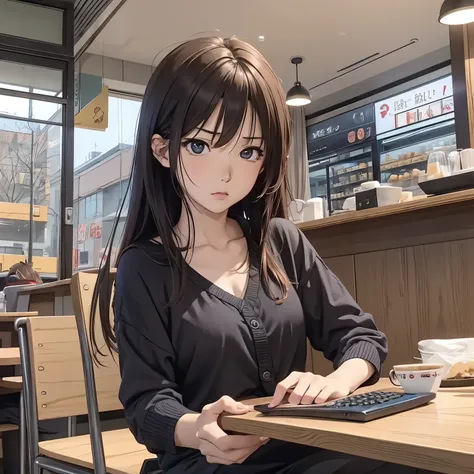 realistic anime picture、simple background、1 girl、angry、have a calculator、Cafe seating