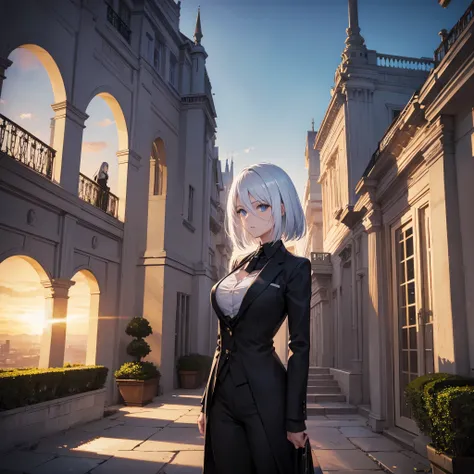  A woman wearing a black suit, short white hair, blue eyes, outside a large mansion at sunset
