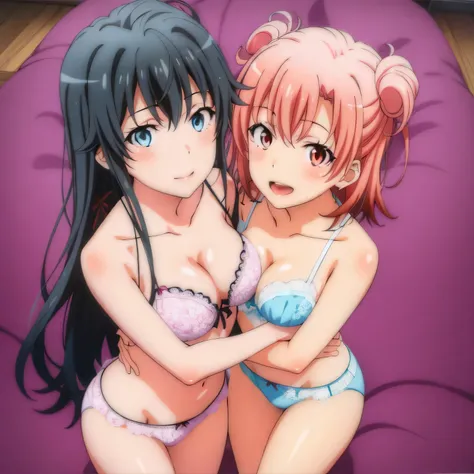 2 girls , Yukinoshita Yukino , yuigahama yui'Both the chest and buttocks are in good shape.., waltz dance , In underwear,rotate,whole body,pink silk panties,white silk panties,thighs,high angle,smile,beautiful eyes,Clear eye color,