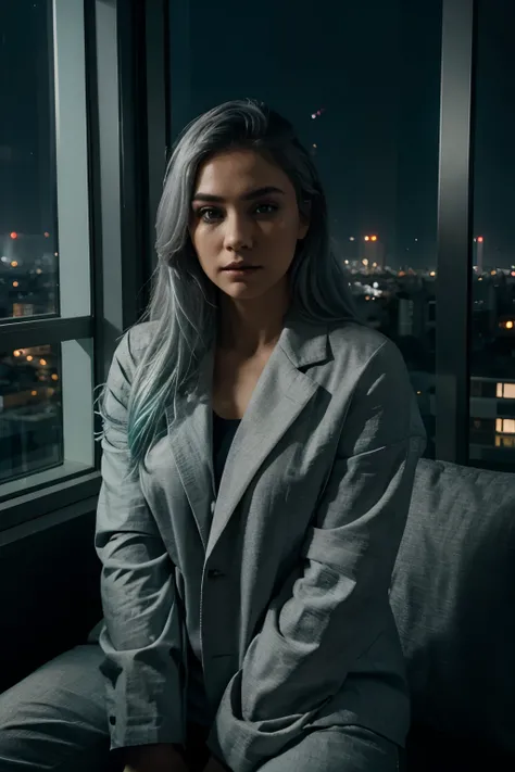 (masterpiece), best quality, cyan eyes, light grey hair, expressive eyes, Holhaya, sitting in highrise apartment room, night sky, city landscape, looking at viewer, city lights, window, highlight, dramatic lights, calm face,