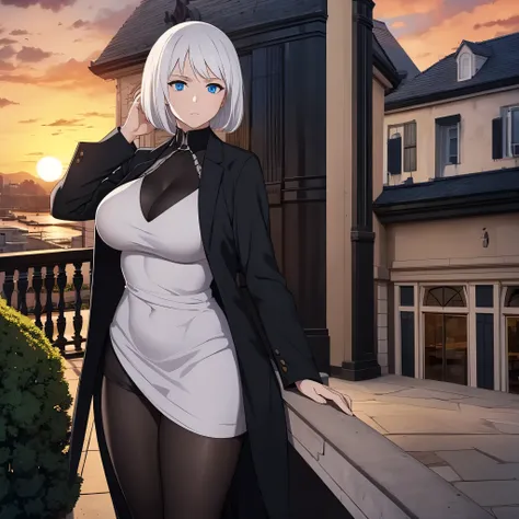 A woman wearing a black suit, short white hair, blue eyes, outside a large mansion at sunset
