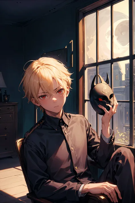 masterpiece, soft moonlight, moon in the window, shadows, room, boy, 20 years, blonde hair, red eyes, arrogant look, raised chin...