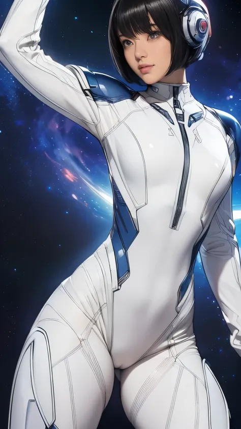 (masterpiece、highest quality、highest resolution、clear_image、Detailed details): (full body figure、15 year old girl、Japanese face、small face、thin、navy blue super short bob cut hair、blue colored eyes、((navy long sleeve space suit、space helmet))、headset、cosmic...