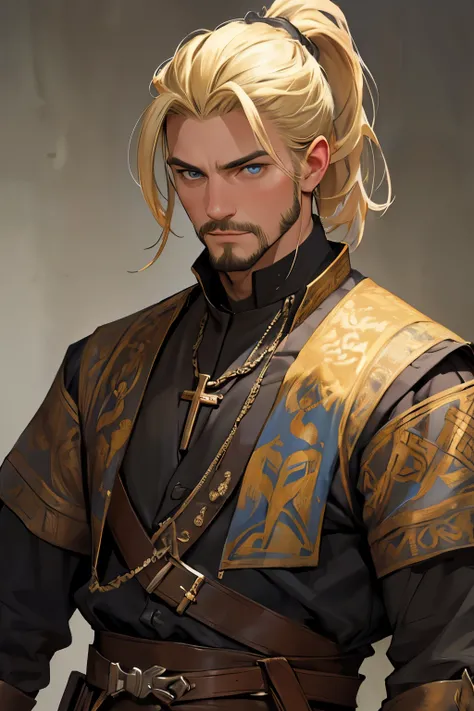 MASTERPIECE, Medieval background, Old, ((facial shaved hair)) ((realistic)), Waist, 1man, solo, male, strong, ((mature male)), ((blonde)), ((short ponytail)), Straight posture, detailed blue eyes, medieval outfit)), ((priest)) ((determinated face)), ((faci...