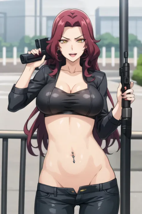 1girl, solo, 
, red_hair, yellow eyes, long hair, large breasts, standing, parted lips, mature female, lipstick, red lipstick,
masterpiece, best quality, highly detailed, a girls with a gun, evil smile , open mouth, sexy gaze, badass
pose , evil smile, smi...