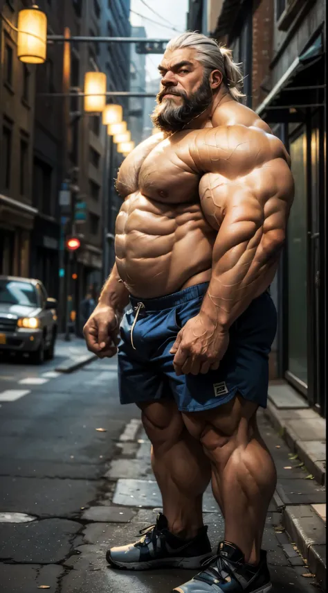 chubby old man in nigh street city, hyper muscle, hyper muscular, hyper pec, hyper pectorabsurdly muscular, absurdly muscle size, flare lights, bur background, old man, thick arm, huge arm, bearded. White hair and long beard, bearded, muscular, pectoral, w...