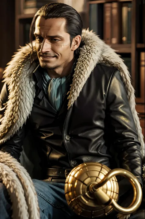 masterpiece, best quality, extremely detailed, hyperrealistic, photorealistic, a cool 40s man, ultra detailed face:1.2, fur-trimmed coat, scarf around the neck, his left hand is a golden pirate hook:1.1, sitting, sly smile, office
