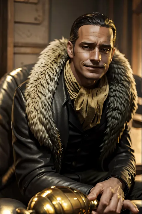 masterpiece, best quality, extremely detailed, hyperrealistic, photorealistic, a cool 40s man, ultra detailed face:1.2, fur-trimmed coat, scarf around the neck, his left hand is a golden pirate hook:1.1, sitting, sly smile, office
